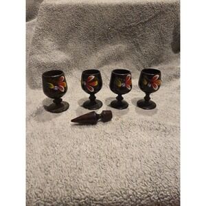 Set of 4 Vintage Wooden HAND PAINTED Floral Wine Goblets And Topper To Decanter